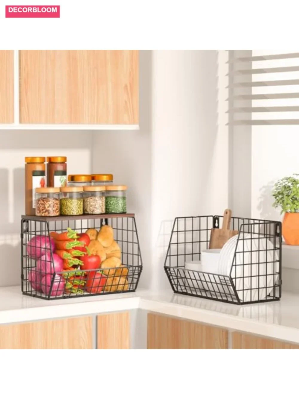 2 Tier Stackable Wire Fruit Basket with Lid and Banana Hooks